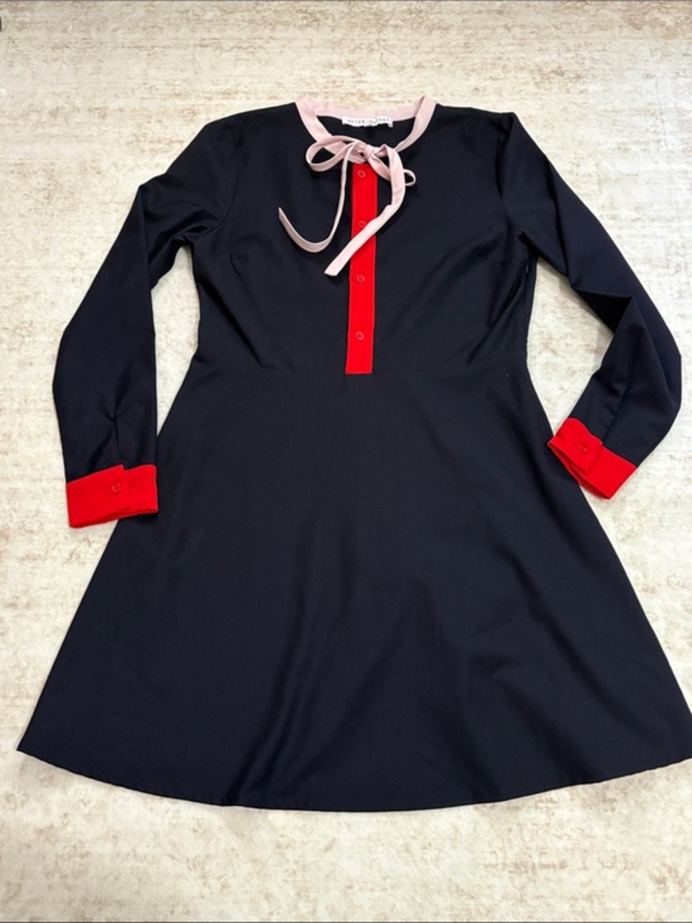 AFTER MARKET M Navy Long-Sleeve fit & flare dress w Red Trim, Pink Bow Neck